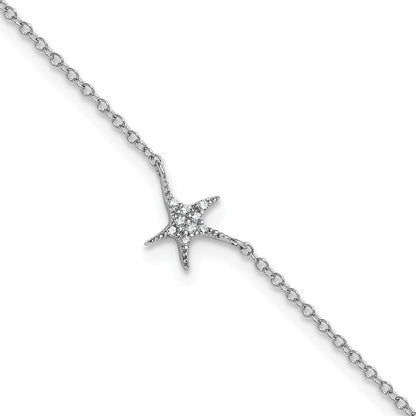 Sterling Silver Cheryl M Rhodium Plated CZ Starfish 9.5in W/ 1in Ext Anklet