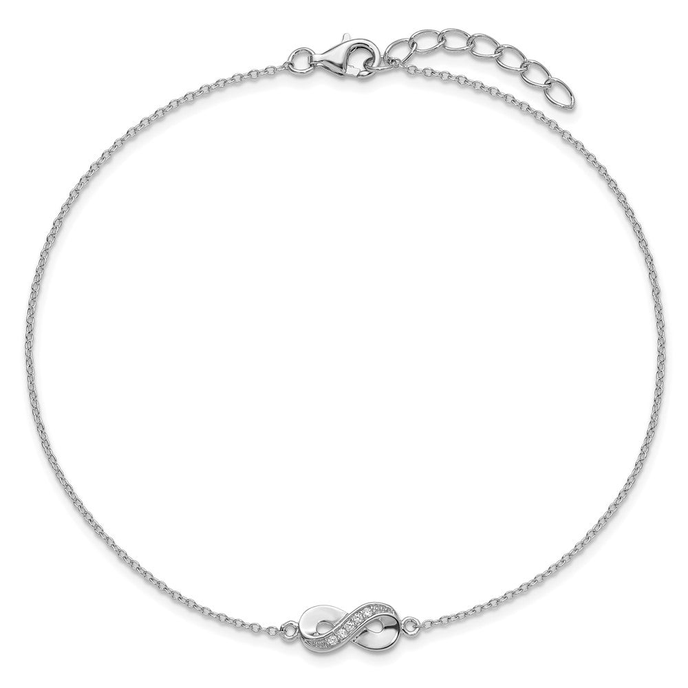 Sterling Silver Cheryl M Rhodium Plated CZ Infinity 9.5in W/ 1in Ext Anklet