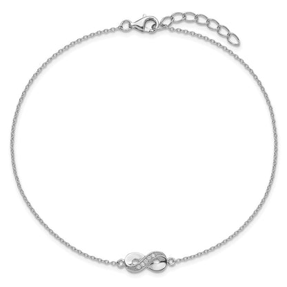 Sterling Silver Cheryl M Rhodium Plated CZ Infinity 9.5in W/ 1in Ext Anklet