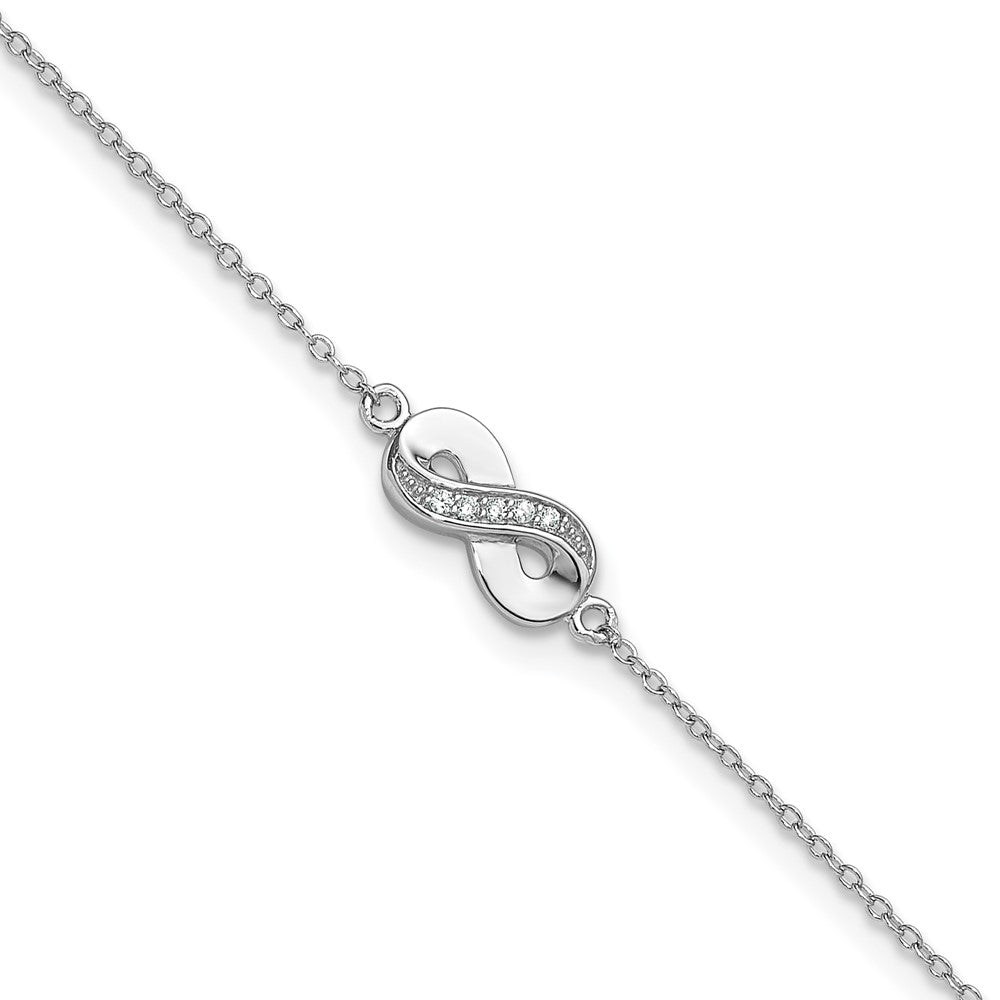 Sterling Silver Cheryl M Rhodium Plated CZ Infinity 9.5in W/ 1in Ext Anklet