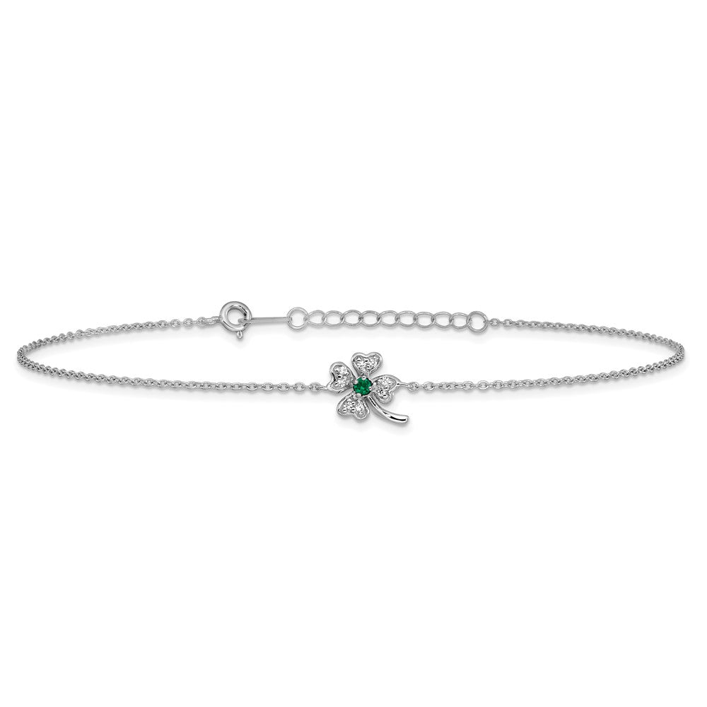Sterling Silver Cheryl M Rh-Pltd Green CZ Clover 9.5in W/ 1in Ext. Anklet