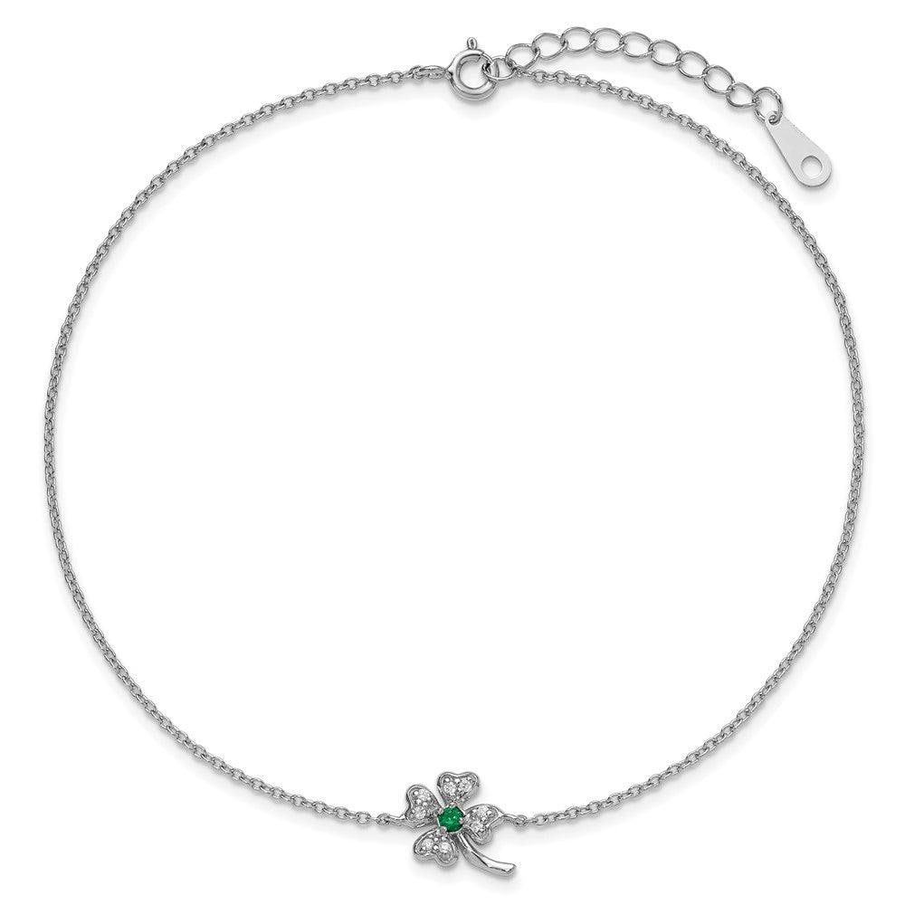 Sterling Silver Cheryl M Rh-Pltd Green CZ Clover 9.5in W/ 1in Ext. Anklet