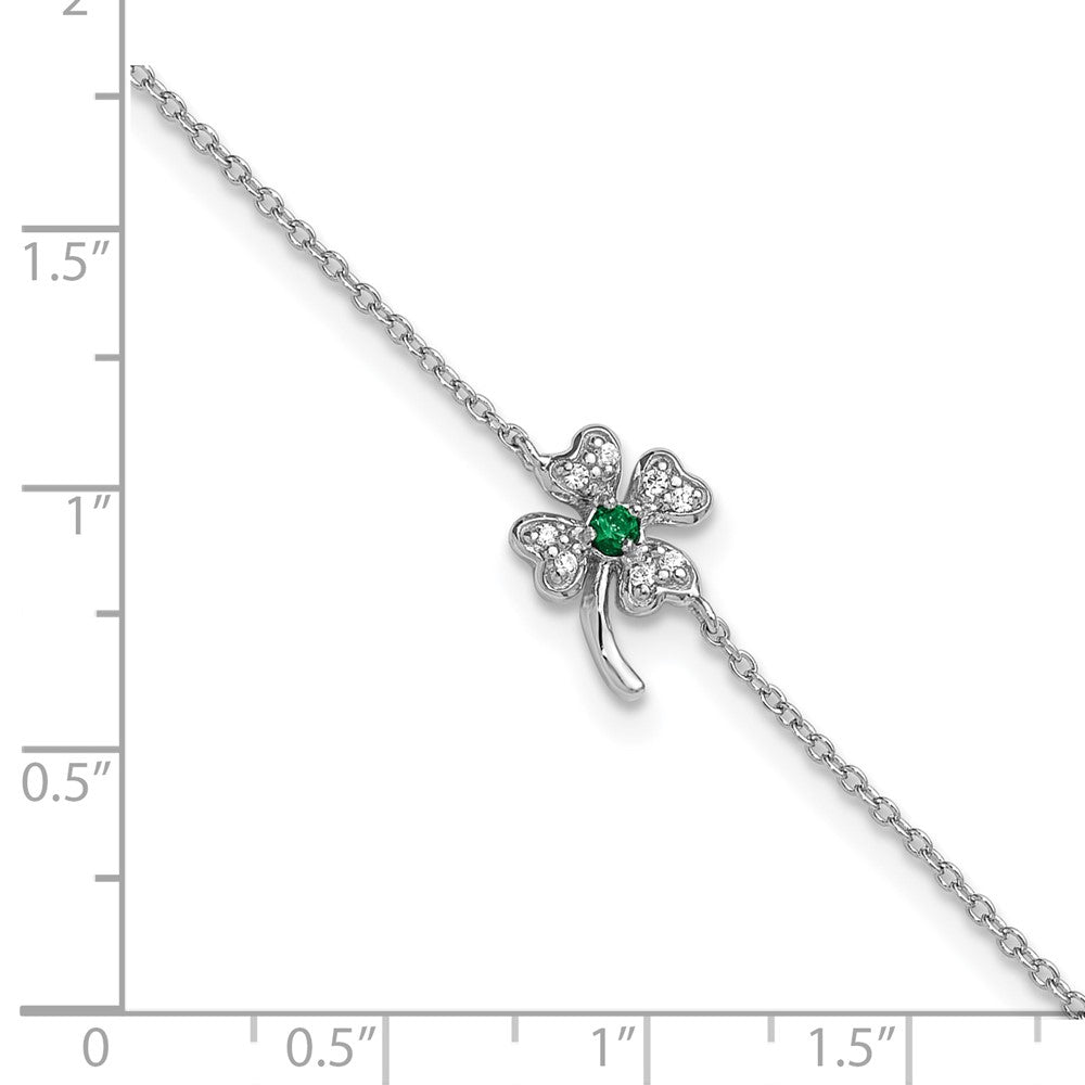 Sterling Silver Cheryl M Rh-Pltd Green CZ Clover 9.5in W/ 1in Ext. Anklet