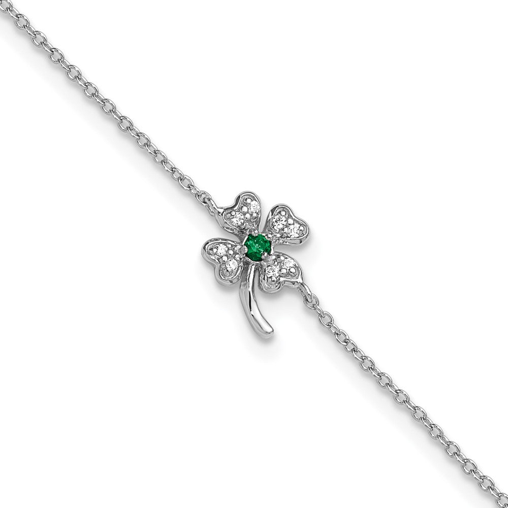 Sterling Silver Cheryl M Rh-Pltd Green CZ Clover 9.5in W/ 1in Ext. Anklet