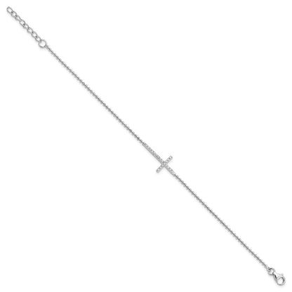 Sterling Silver Cheryl M Rhodium Plated CZ Cross 9.5in W/ 1in Ext Anklet