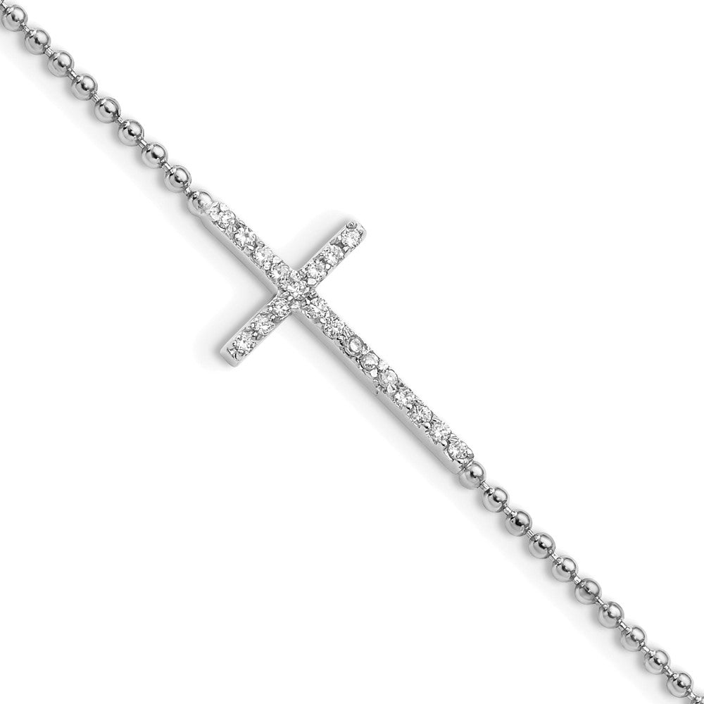 Sterling Silver Cheryl M Rhodium Plated CZ Cross 9.5in W/ 1in Ext Anklet