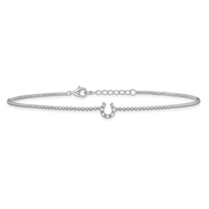 Sterling Silver Cheryl M Rh-Pltd CZ Horseshoe 9.5in W/ 1in Ext Anklet