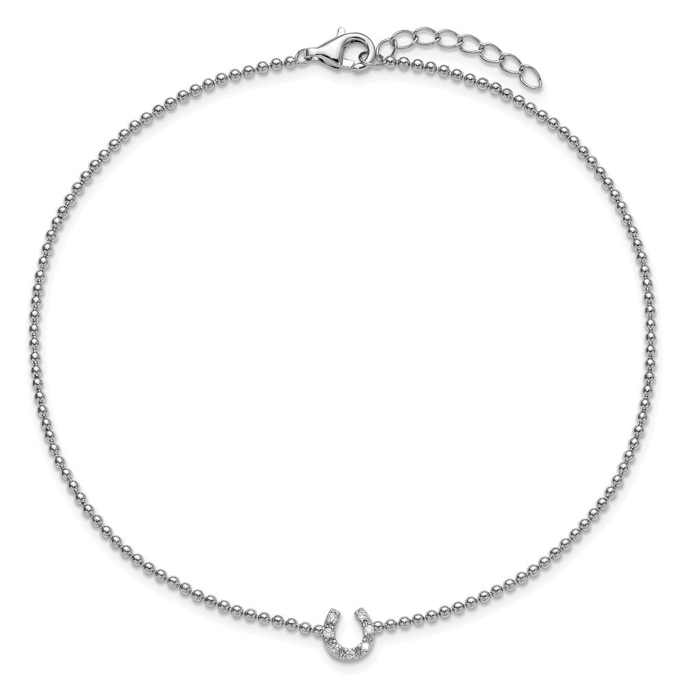 Sterling Silver Cheryl M Rh-Pltd CZ Horseshoe 9.5in W/ 1in Ext Anklet
