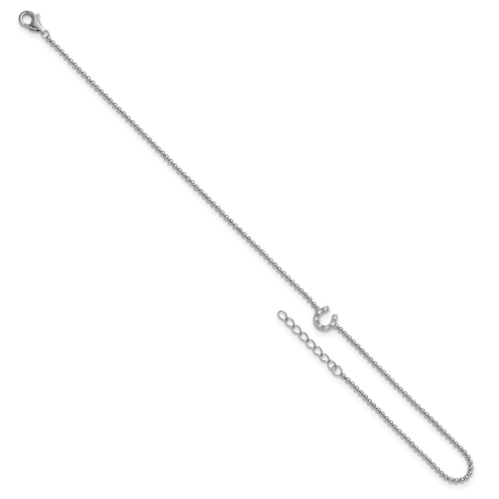 Sterling Silver Cheryl M Rh-Pltd CZ Horseshoe 9.5in W/ 1in Ext Anklet