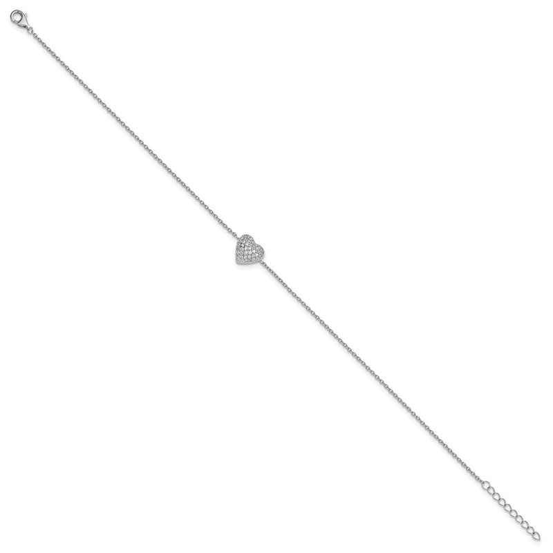 Sterling Silver Cheryl M Rhodium Plated CZ Heart 9.5in W/ 1in Ext Anklet