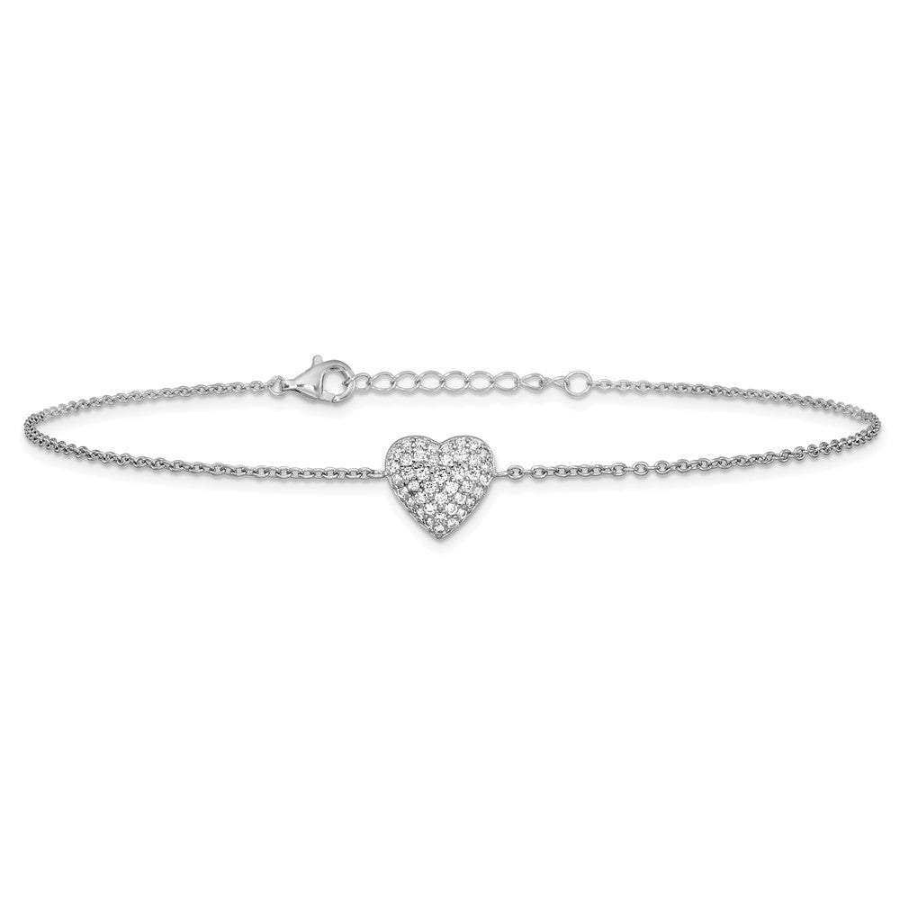 Sterling Silver Cheryl M Rhodium Plated CZ Heart 9.5in W/ 1in Ext Anklet