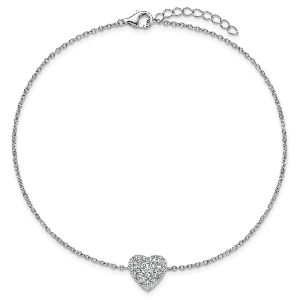 Sterling Silver Cheryl M Rhodium Plated CZ Heart 9.5in W/ 1in Ext Anklet
