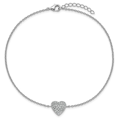 Sterling Silver Cheryl M Rhodium Plated CZ Heart 9.5in W/ 1in Ext Anklet