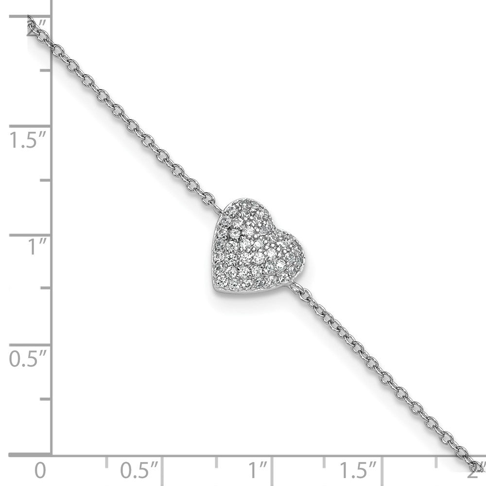 Sterling Silver Cheryl M Rhodium Plated CZ Heart 9.5in W/ 1in Ext Anklet