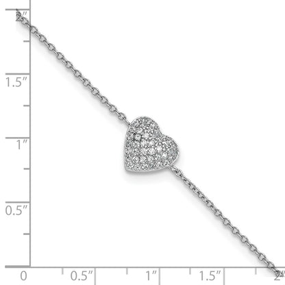 Sterling Silver Cheryl M Rhodium Plated CZ Heart 9.5in W/ 1in Ext Anklet
