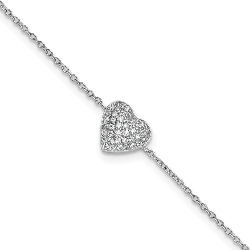 Sterling Silver Cheryl M Rhodium Plated CZ Heart 9.5in W/ 1in Ext Anklet