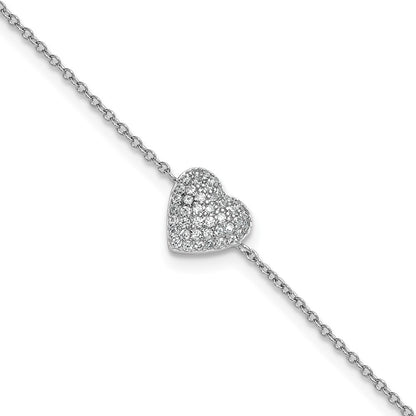 Sterling Silver Cheryl M Rhodium Plated CZ Heart 9.5in W/ 1in Ext Anklet