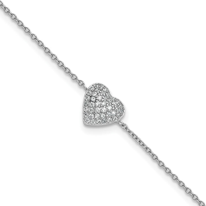 Sterling Silver Cheryl M Rhodium Plated CZ Heart 9.5in W/ 1in Ext Anklet