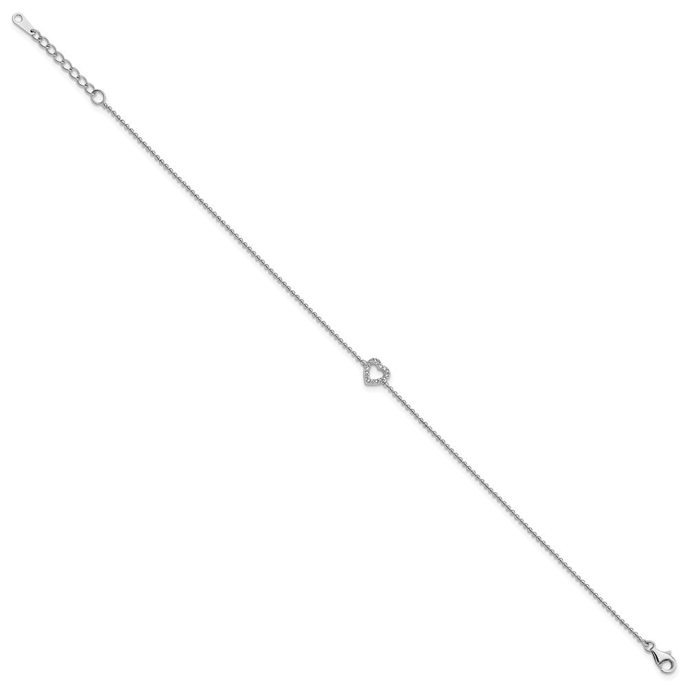 Sterling Silver Cheryl M Rhodium Plated CZ Heart 9.5in W/ 1in Ext Anklet