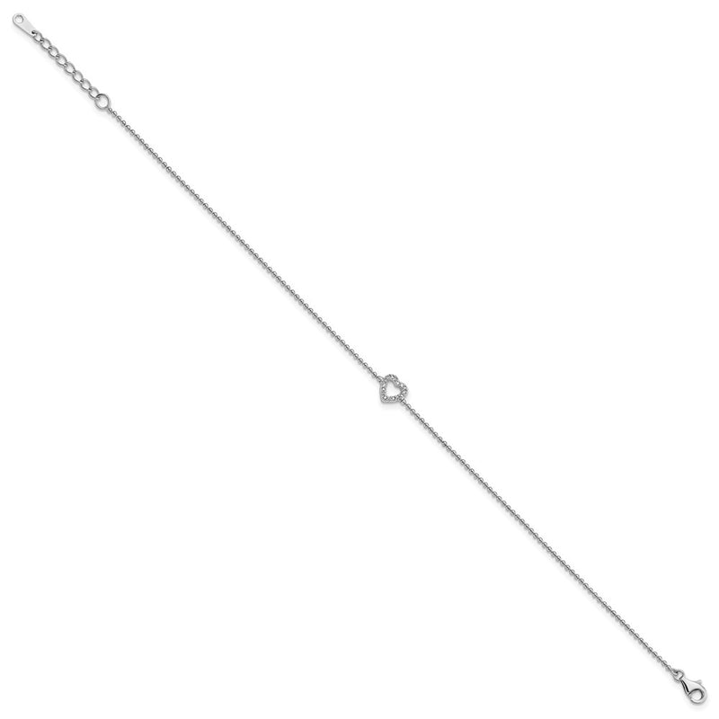 Sterling Silver Cheryl M Rhodium Plated CZ Heart 9.5in W/ 1in Ext Anklet