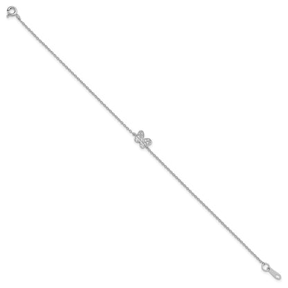Sterling Silver Cheryl M Rh-Pltd CZ Butterfly 9.5in W/ 1in Ext Anklet