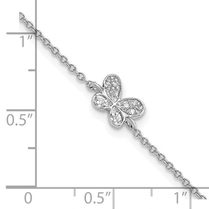 Sterling Silver Cheryl M Rh-Pltd CZ Butterfly 9.5in W/ 1in Ext Anklet