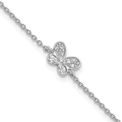 Sterling Silver Cheryl M Rh-Pltd CZ Butterfly 9.5in W/ 1in Ext Anklet