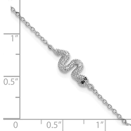 Sterling Silver Cheryl M Rhodium Plated Black/white CZ Snake 7in w/1in Ext Bracelet