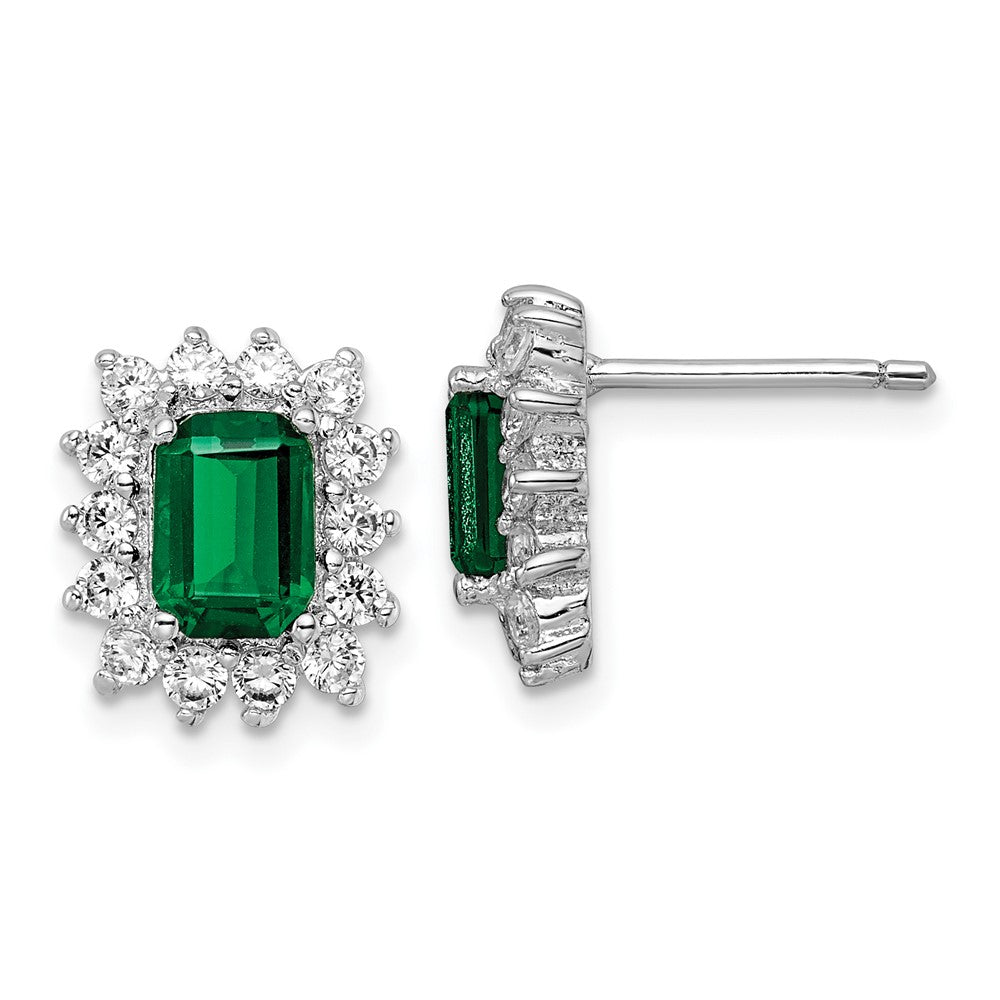 Sterling Silver Cheryl M Rhodium Plated Polished Green & White CZ Post Earrings