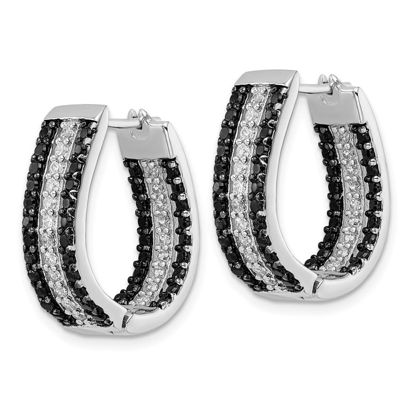 Sterling Silver Cheryl M Rhodium Plated Black & White CZ Oval in & Out Hoop Earrings