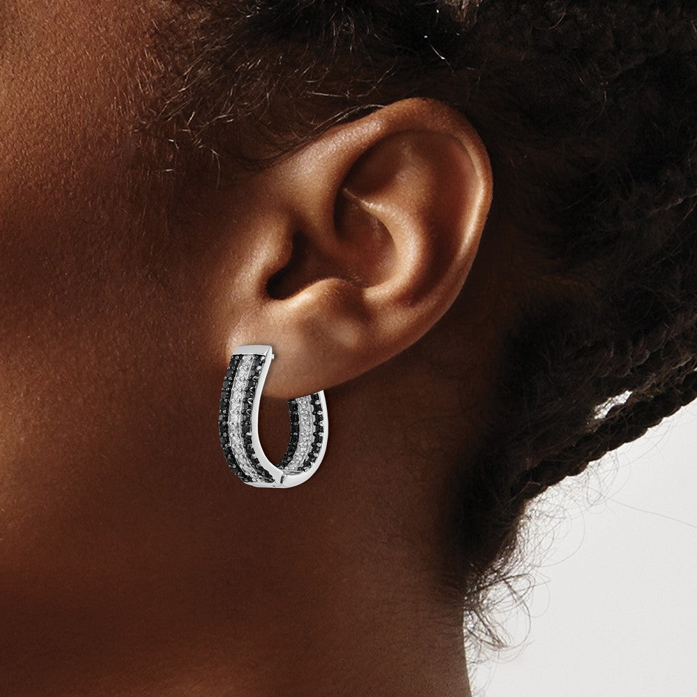 Sterling Silver Cheryl M Rhodium Plated Black & White CZ Oval in & Out Hoop Earrings