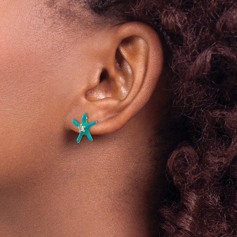 Sterling Silver Cheryl M Gold-Plated Blue Enamel & CZ Starfish Post Earrings