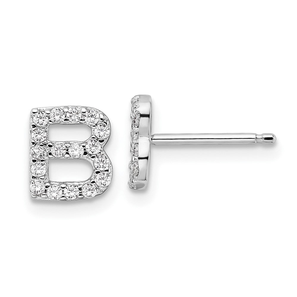 Sterling Silver Cheryl M Rhodium Plated Polished Letter B CZ Initial Post Earrings
