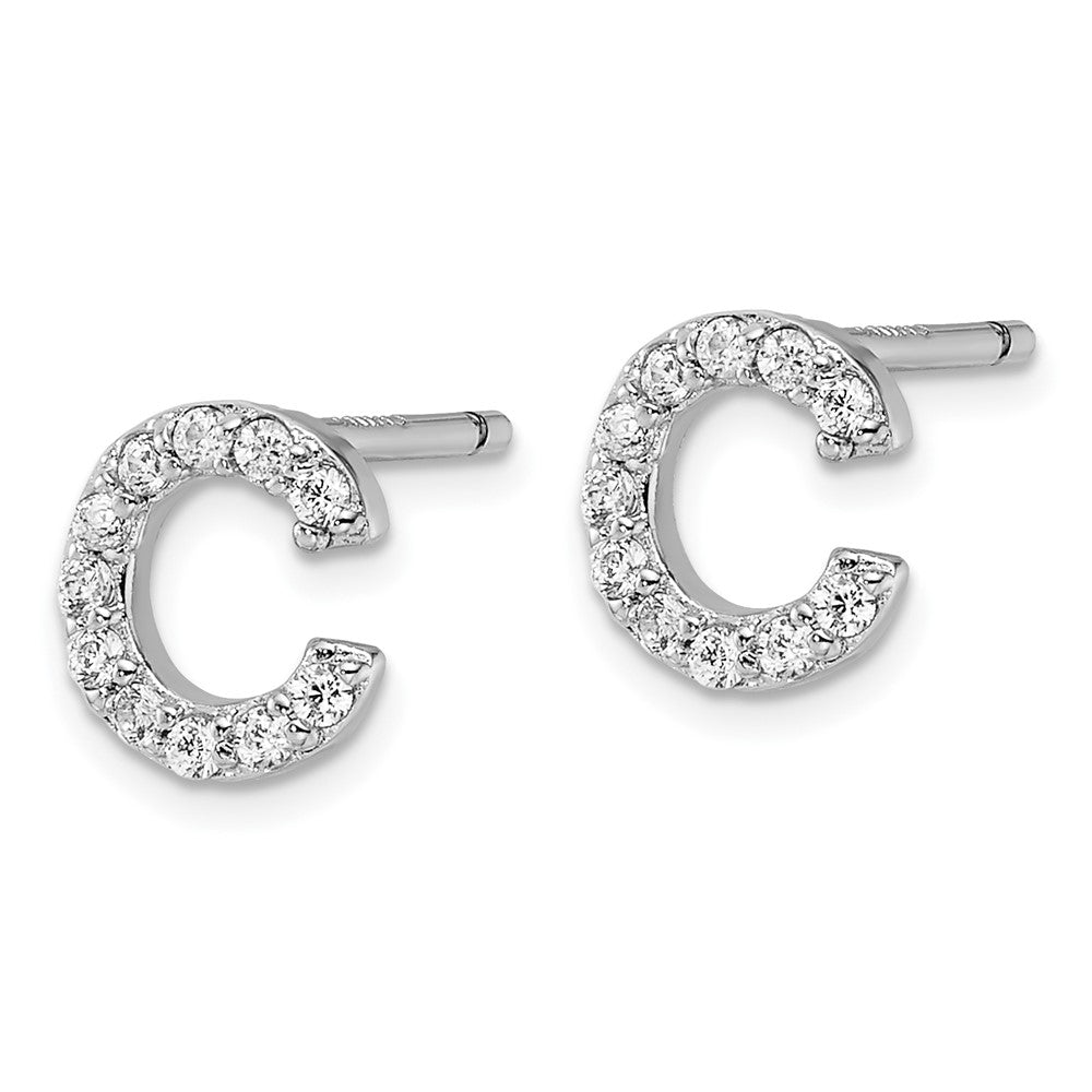 Sterling Silver Cheryl M Rhodium Plated Polished Letter C CZ Initial Post Earrings