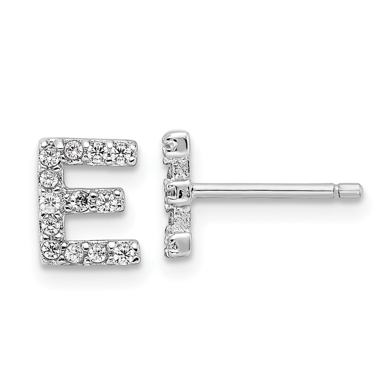 Sterling Silver Cheryl M Rhodium Plated Polished Letter E CZ Initial Post Earrings