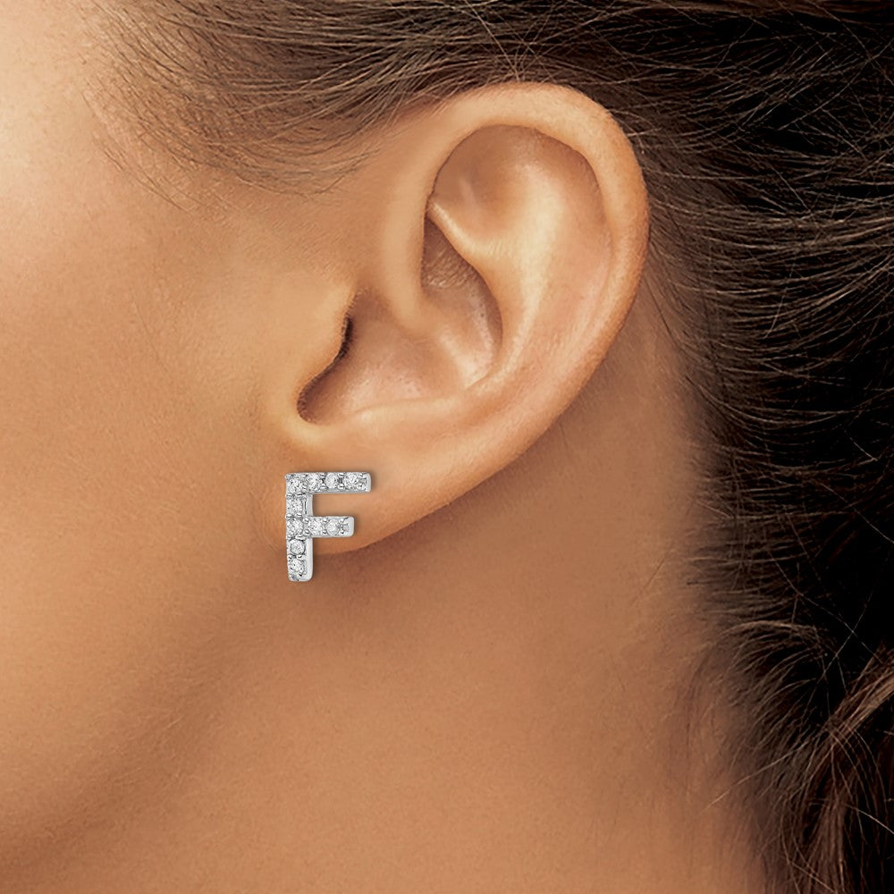 Sterling Silver Cheryl M Rhodium Plated Polished Letter F CZ Initial Post Earrings