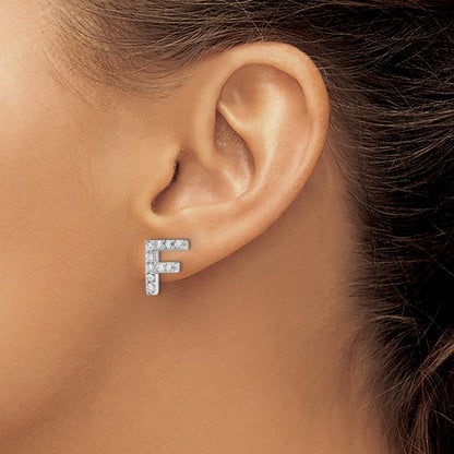 Sterling Silver Cheryl M Rhodium Plated Polished Letter F CZ Initial Post Earrings