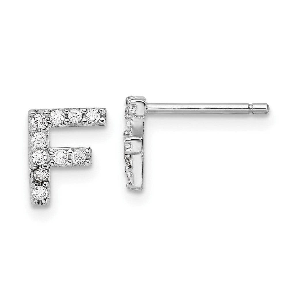 Sterling Silver Cheryl M Rhodium Plated Polished Letter F CZ Initial Post Earrings