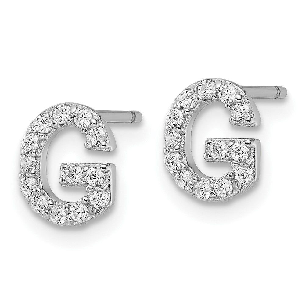 Sterling Silver Cheryl M Rhodium Plated Polished Letter G CZ Initial Post Earrings