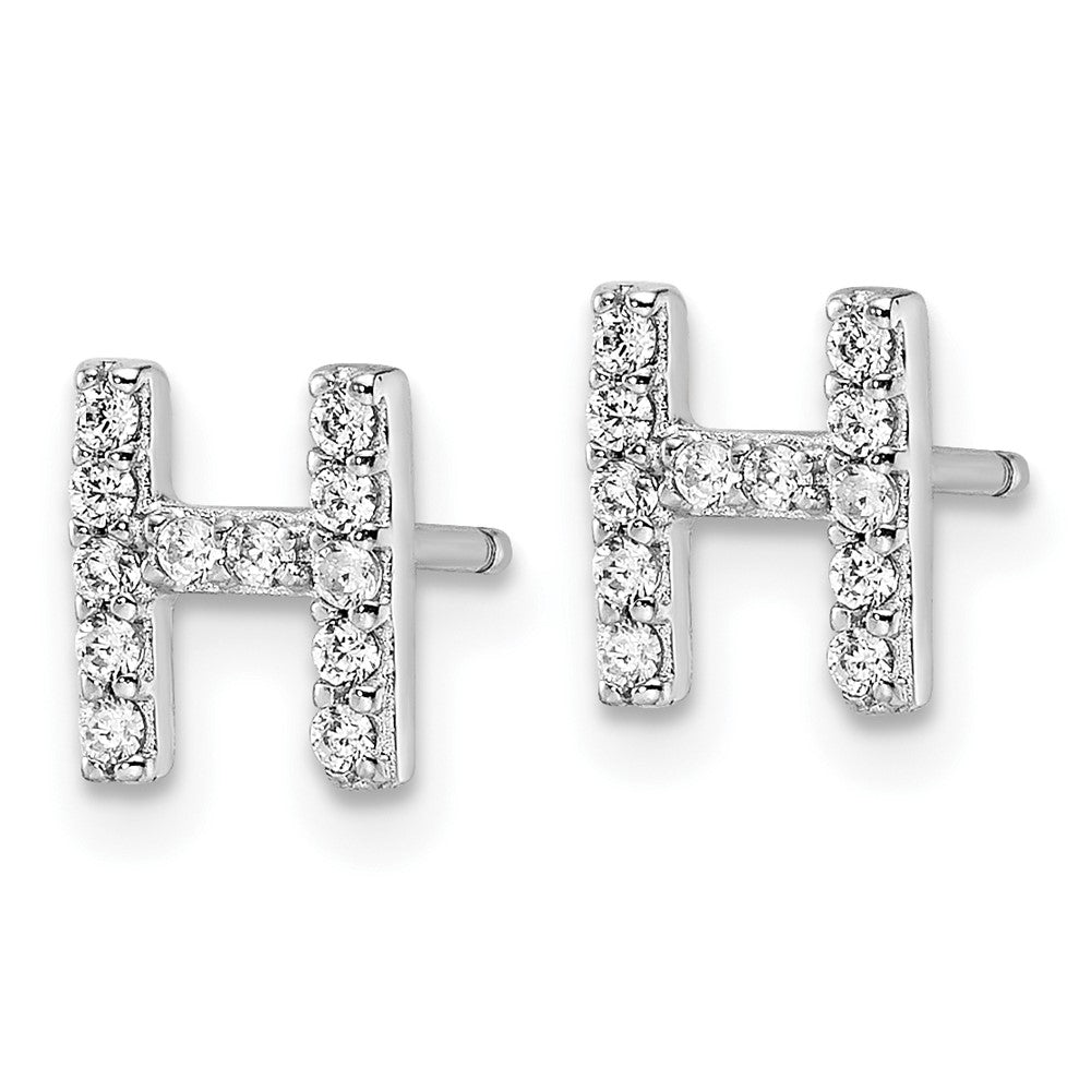 Sterling Silver Cheryl M Rhodium Plated Polished Letter H CZ Initial Post Earrings