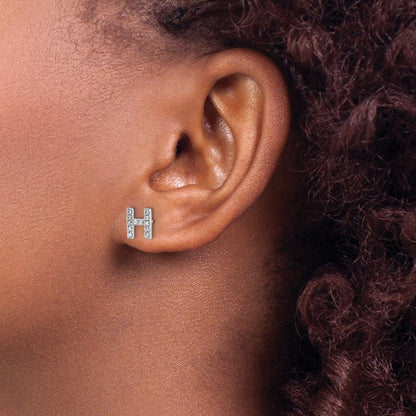Sterling Silver Cheryl M Rhodium Plated Polished Letter H CZ Initial Post Earrings