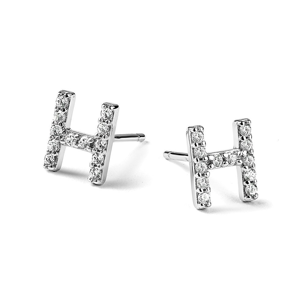 Sterling Silver Cheryl M Rhodium Plated Polished Letter H CZ Initial Post Earrings