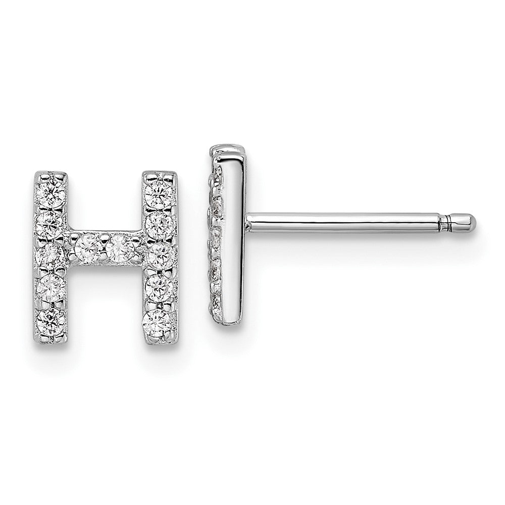 Sterling Silver Cheryl M Rhodium Plated Polished Letter H CZ Initial Post Earrings
