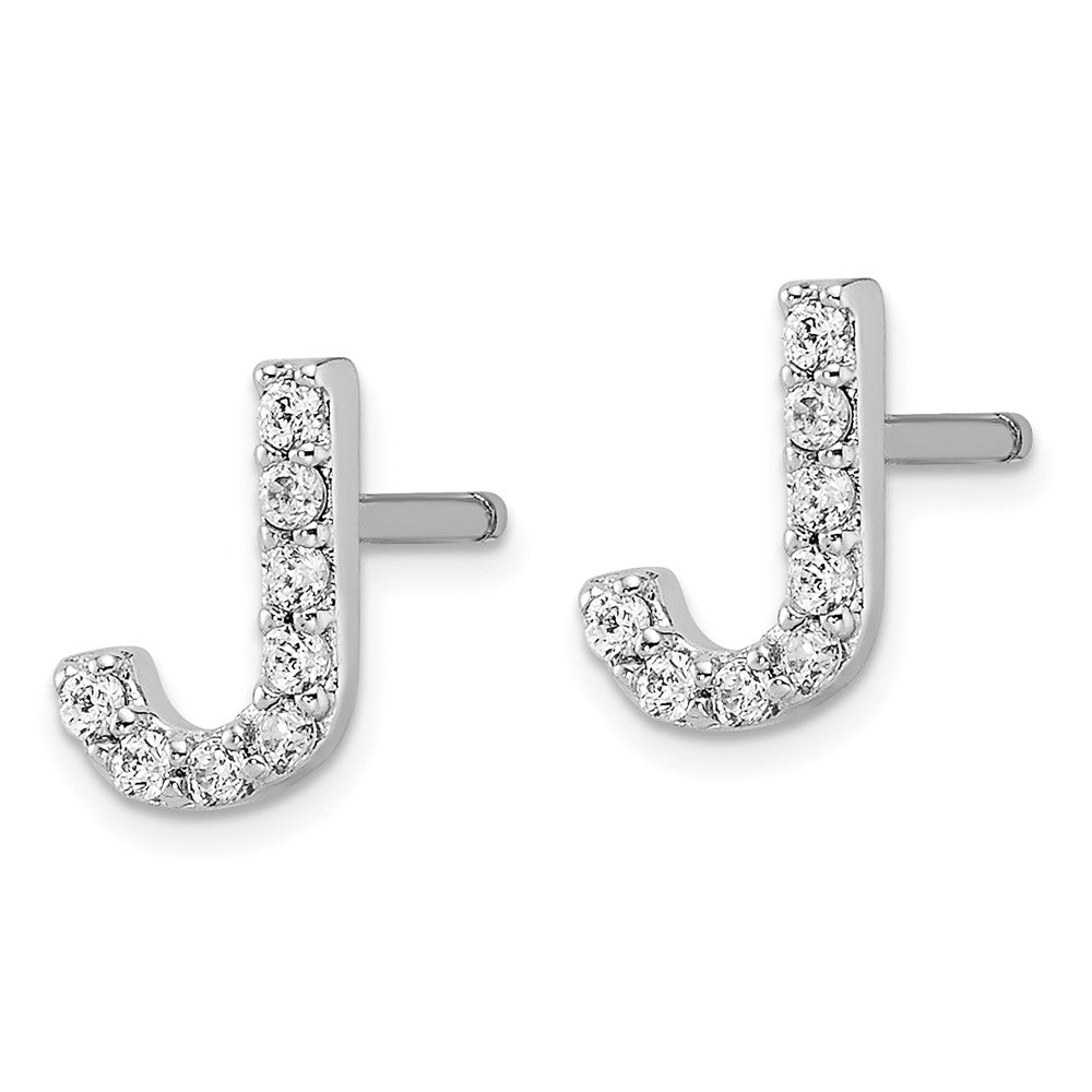Sterling Silver Cheryl M Rhodium Plated Polished Letter J CZ Initial Post Earrings
