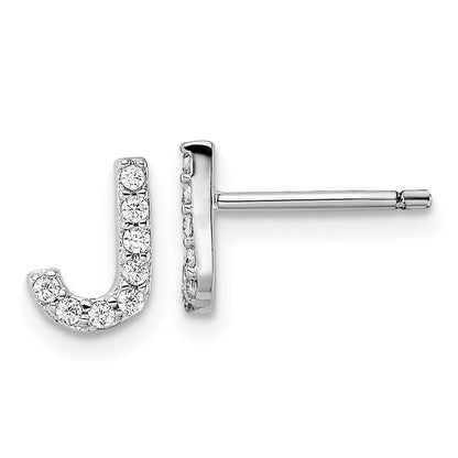 Sterling Silver Cheryl M Rhodium Plated Polished Letter J CZ Initial Post Earrings