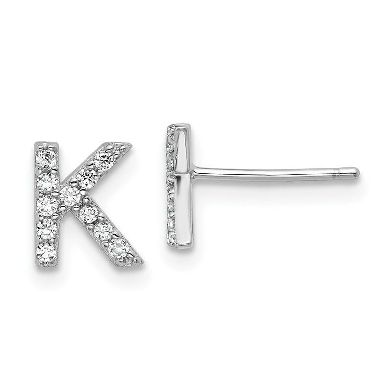 Sterling Silver Cheryl M Rhodium Plated Polished Letter K CZ Initial Post Earrings