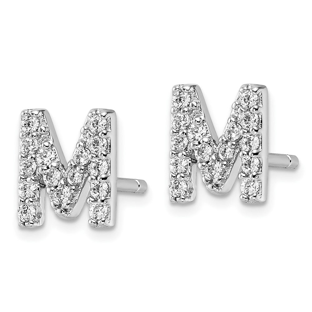 Sterling Silver Cheryl M Rhodium Plated Polished Letter M CZ Initial Post Earrings