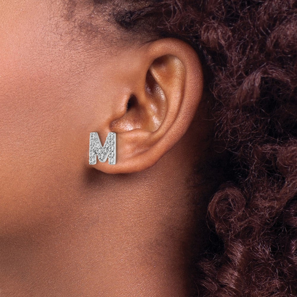 Sterling Silver Cheryl M Rhodium Plated Polished Letter M CZ Initial Post Earrings