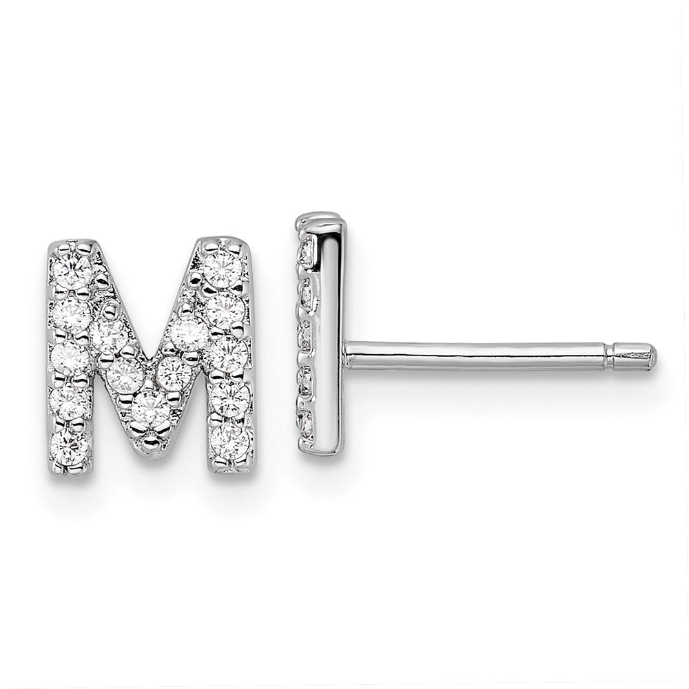 Sterling Silver Cheryl M Rhodium Plated Polished Letter M CZ Initial Post Earrings