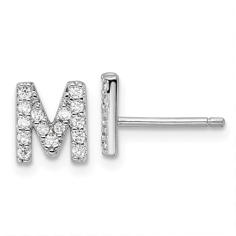 Sterling Silver Cheryl M Rhodium Plated Polished Letter M CZ Initial Post Earrings